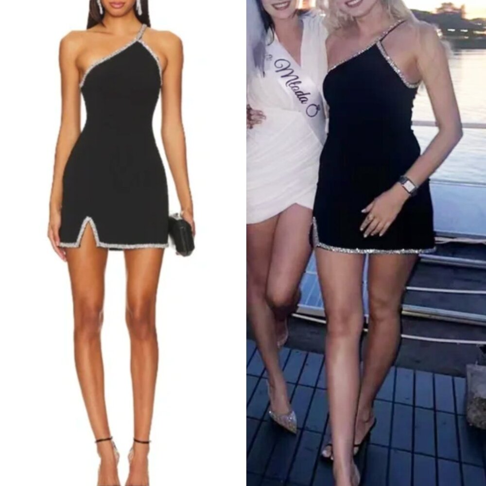 Lovers + Friends Black One-Shoulder Mini Dress with Silver Trim